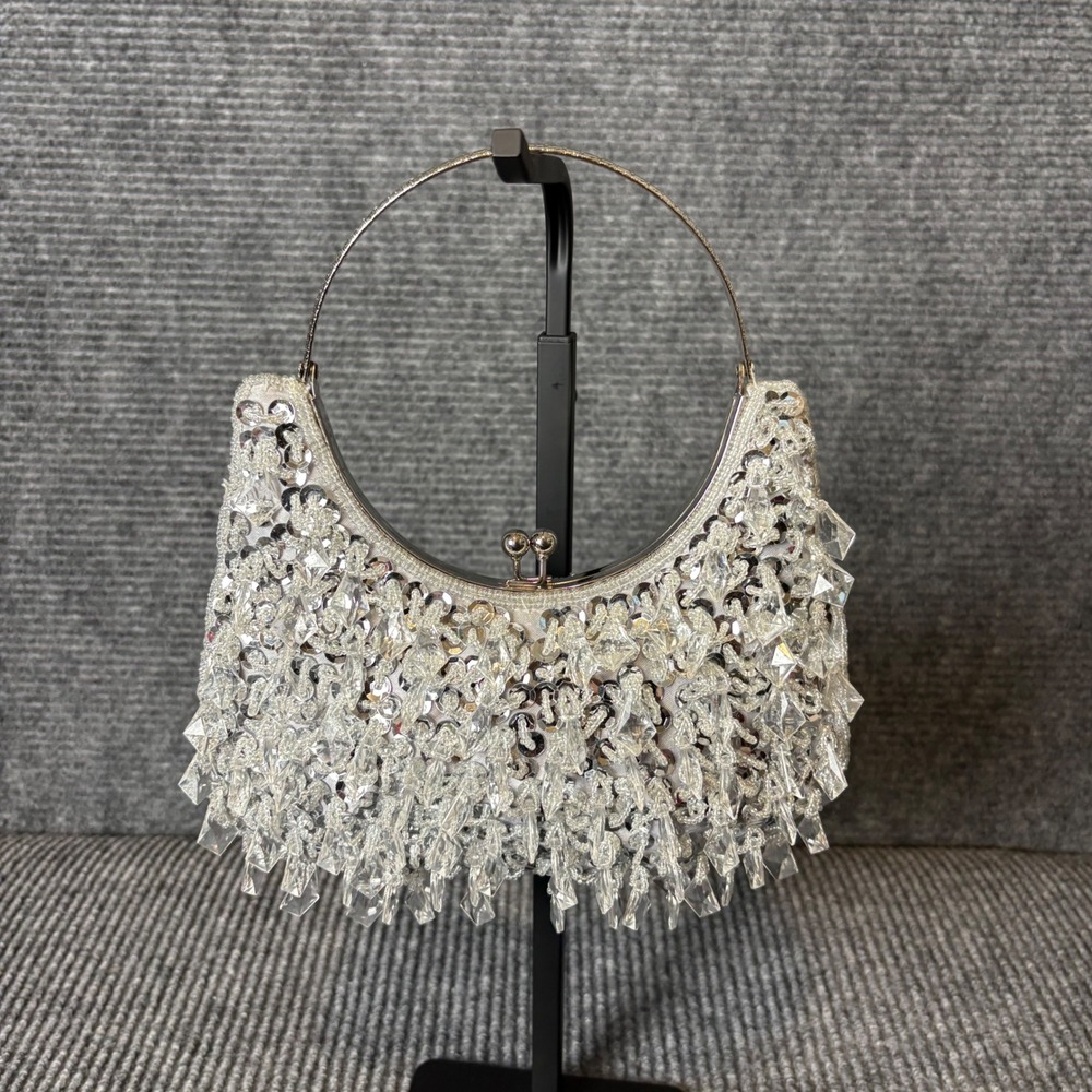 Silver Beaded Crystal Evening Bag Kiss Lock Clutch Purse Y2K Prom Wedding Glam - Picture 3 of 6